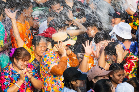 SUKHOTHAI, THAILAND - 15 APRIL 2019: Thai people celebrating New Year Songkran Water Festival on the streetのeditorial素材
