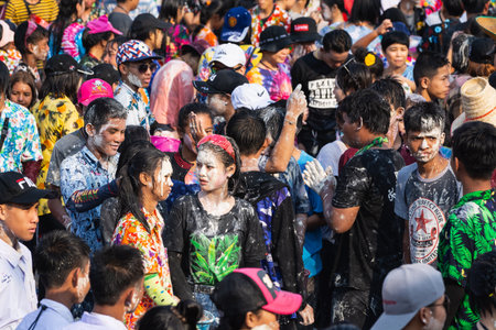 SUKHOTHAI, THAILAND - 15 APRIL 2019: Thai people celebrating New Year Songkran Water Festival on the streetのeditorial素材