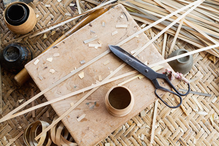 Myanmar traditional lacquerware production. Workplace flat lay viewの写真素材
