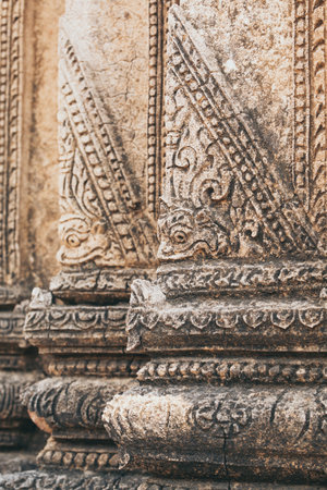 Exterior detail of Burmese Buddhist temple in Bagan, Myanmarの写真素材