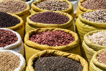 Different kinds of legumes beans in bulk bags on the market in Yangon, Myanmar.の写真素材