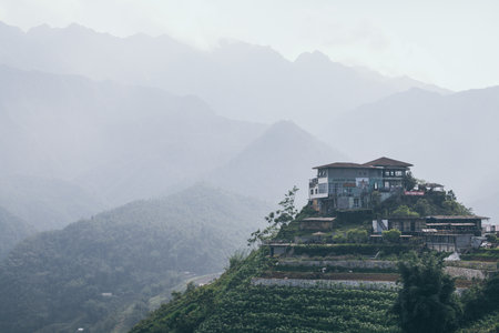 Sapa, Vietnam - May 2019: Rice terraces of Sa pa with house on the hill at sunset in Lao Cai province.のeditorial素材