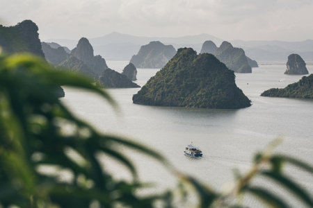 Tourist cruise ship sailing among limestone mountains in Halong Bay, Vietnam. Framing with tree leaves.の写真素材