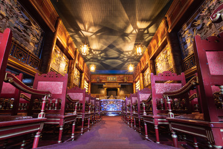 Hue, Vietnam - June 2019: wide angle shot of historic Vietnamese theater interiorのeditorial素材