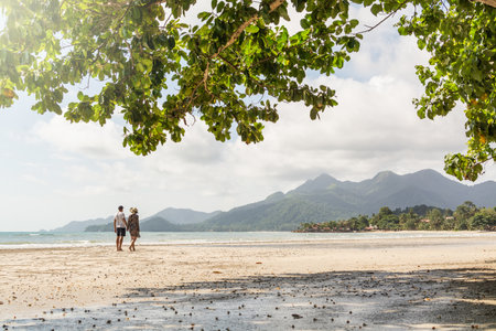Young couple walking on sandy tropical beach on Koh Chang island, Thailandの写真素材