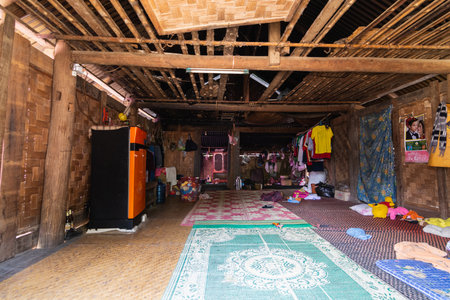 Nong Khiaw, Laos - May 2019: interior of bamboo village house.のeditorial素材