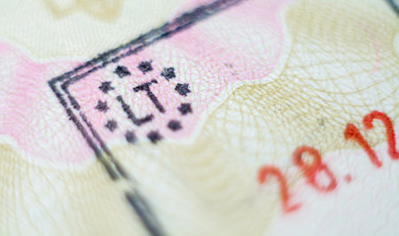 Vilnius, Lithuania - November 2019: Close-up macro detail of European Union admission stampのeditorial素材