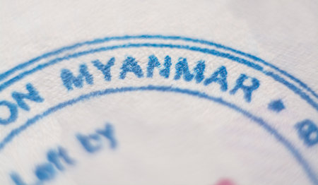 Yangon, Myanmar - November 2019: close up of Burmese country entrance stamp in passportのeditorial素材