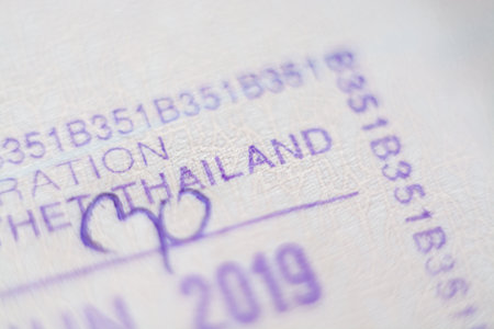 Bangkok, Thailand - November 2019: close up of Thai country entrance stamp in passportのeditorial素材