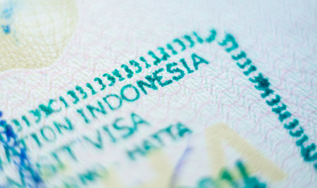 Jakarta, Indonesia - November 2019: close up of Indonesian country entrance stamp in passportのeditorial素材