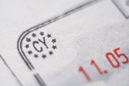 Larnaka, Cyprus- November 2019: Close-up macro detail of European Union border control customs admission stamp with Cyprus country marking signのeditorial素材