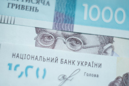 Kyiv, Ukraine - November 2019: close-up macro detail of one thousand hryvnia Ukrainian paper...