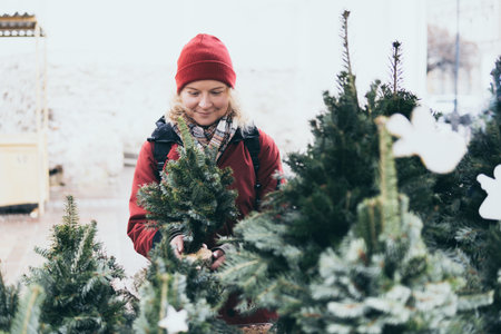 Young woman in red hat selecting Christmas tree on the market on New Year eve,の写真素材