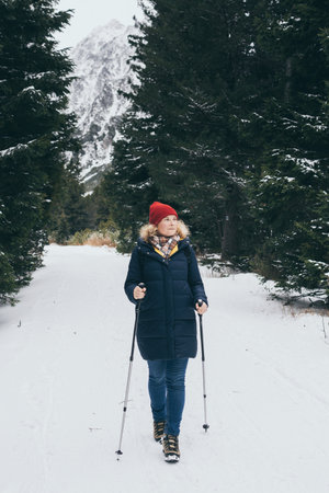 Woman trekking in snowy High Tatra mountains in winter, Slovakiaの写真素材