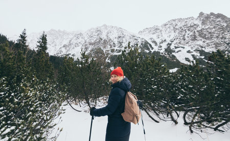 Woman trekking in snowy High Tatra mountains in winter close to Popradske Pleso, Slovakiaの写真素材