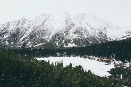View over Popradske Pleso and snowcapped High Tatra mountains in winter.の写真素材