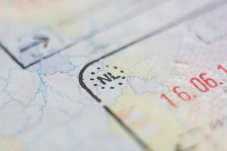 Amsterdam, the Netherlands - January 2020: Close-up macro detail of European Union border control...