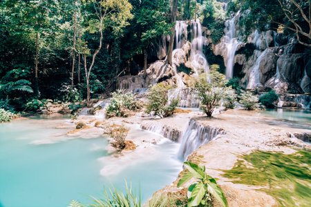 Panoramic view over Kuang Si waterfall close to Luang Prabang, Laos. Water motion effectの写真素材