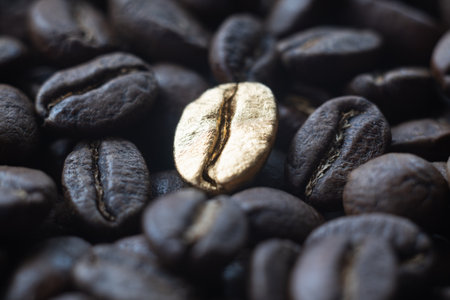 Close-up macro of the golden bean on roasted coffee backgroundの写真素材