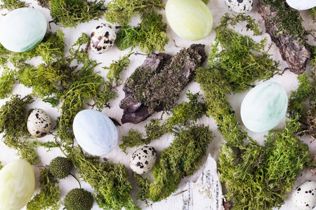 Flat lay with Easter colored eggs, moss and tree bark on a white background.の写真素材