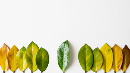Green tree leaf among yellow leaves. Conceptual image of ecology and sustainable agriculture.の写真素材