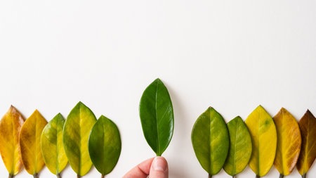 Human hand holding green tree leaf among yellow leaves. Conceptual image of ecology and sustainable agriculture.の写真素材