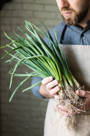 Young man in rustic apron holding a bunch of green onions. Healthy, vegetarian and organic farm food concept.の写真素材