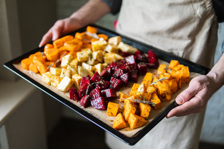 Male hands holding oven tray with vegetables mix. Vegetarian man cooking sweet potatoes and other veggies at home.の写真素材