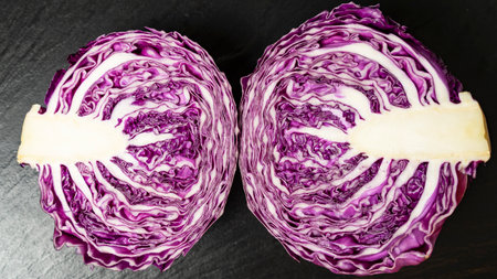 Close up view of fresh cut red cabbage with water dropsの写真素材