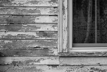 black and white window with flower lace blind old houseの写真素材