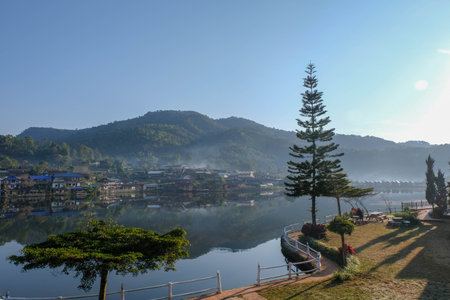 beautiful lake with tree in morning time at ban rak thai chinease refugee village at Mae Hong Son Thailandの写真素材