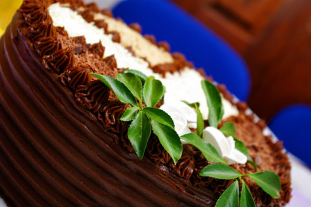 Chocolate cake with nuts, almond and laurel. Decorated with laurel leaf.