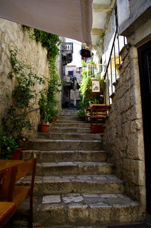 Courthyard with stair in mediterranean town Hvarの写真素材