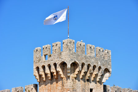 View on old Kamerlengo castle in Trogir, Croatia with flag of Trogir - architectural detailsのeditorial素材