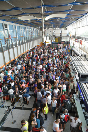 SPLIT,CROATIA AIRPORT- JULY 12, 2014: crowd of passengers in the departure hallPhoto taken on: July 12th, 2014のeditorial素材