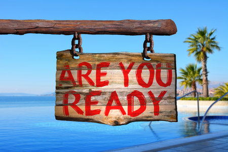 Are you ready motivational phrase sign on old wood with blurred backgroundの写真素材