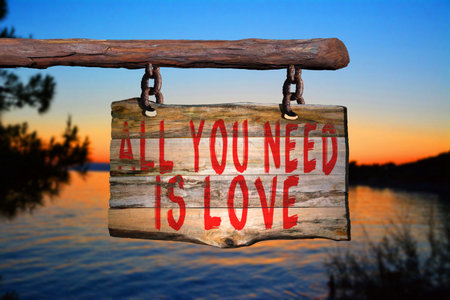 All you need is love motivational phrase sign on old wood with blurred backgroundの写真素材