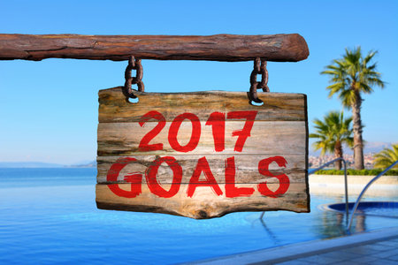 2017 goals motivational phrase sign on old wood with blurred backgroundの写真素材