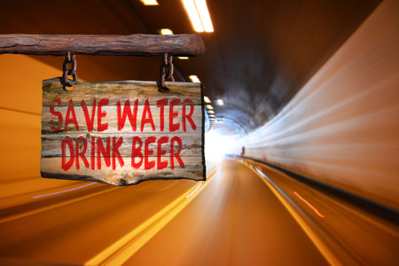 Save water drink beer motivational phrase sign on old wood with blurred backgroundの写真素材