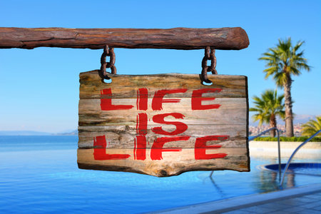 Life is life motivational phrase sign on old wood with blurred backgroundの写真素材