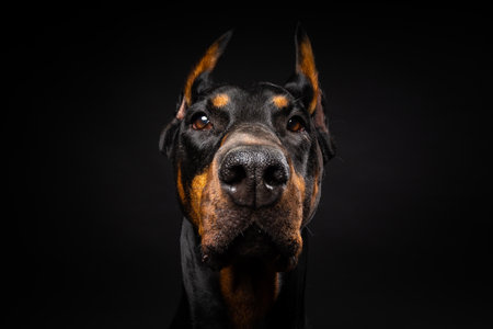 Portrait of a Doberman dog on an isolated black background. Studio shot, close-up.の写真素材