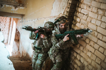 Military portrait of girls in the hands they hold a rifle