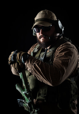 Armed soldier ready for battle. military concept.の写真素材
