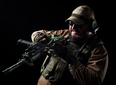 Armed soldier ready for battle. military concept.の写真素材