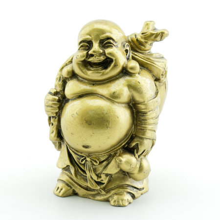 Golden Hotei the God of wealth on a white backgroundの写真素材