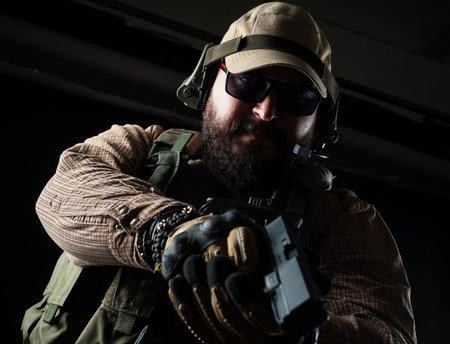 Armed soldier ready for battle. military concept.の写真素材