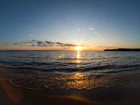 Ocean landscape background. Sea water beach. Cloud sky and sunrise. Ocean and sky background.の写真素材
