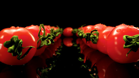 Tomatoes on a glass table, laid out in two rows. Imitating the road. Macro photography.の写真素材