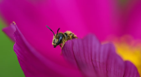 Close-up of a small wasp peeking out of a pink flower with its head and forefeetの写真素材