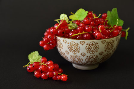 A bowl of ceramics with fresh redcurrants against a dark background with free spaceの写真素材